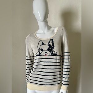 Anthropologie Cream & Navy Striped Scoop Neck Sweater with Dog Motif